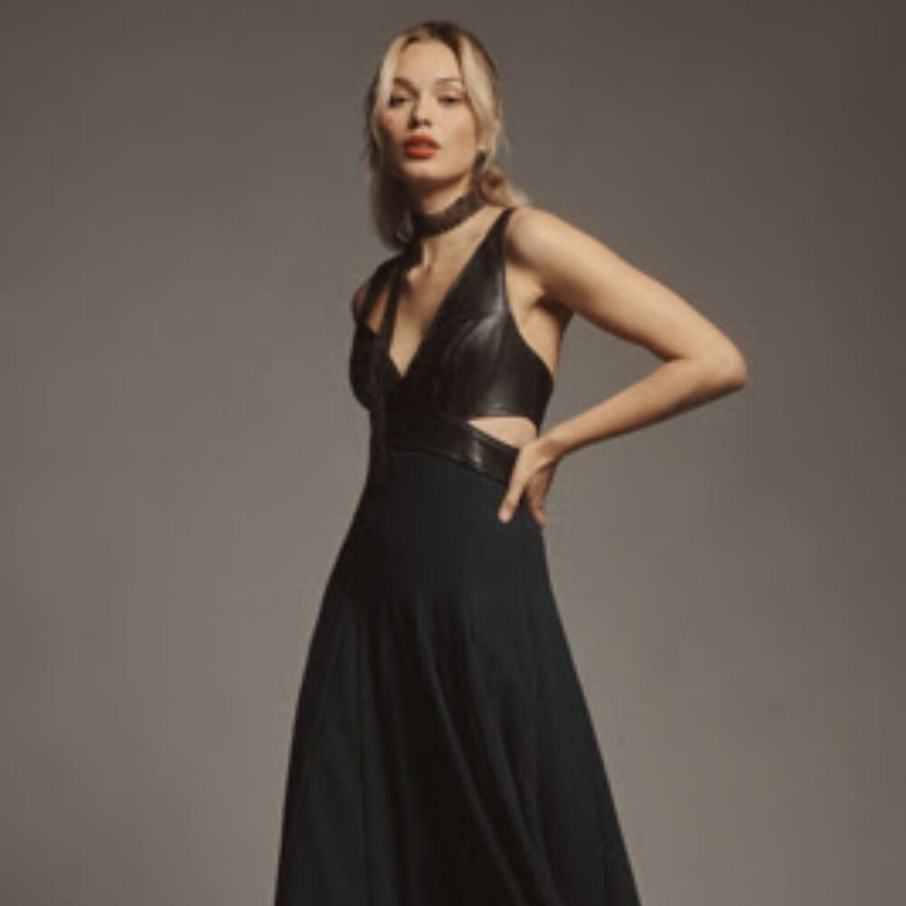 By Anthropologie Sleeveless V-Neck A-Line Midi Dress Navy & Faux Leather Sz 8